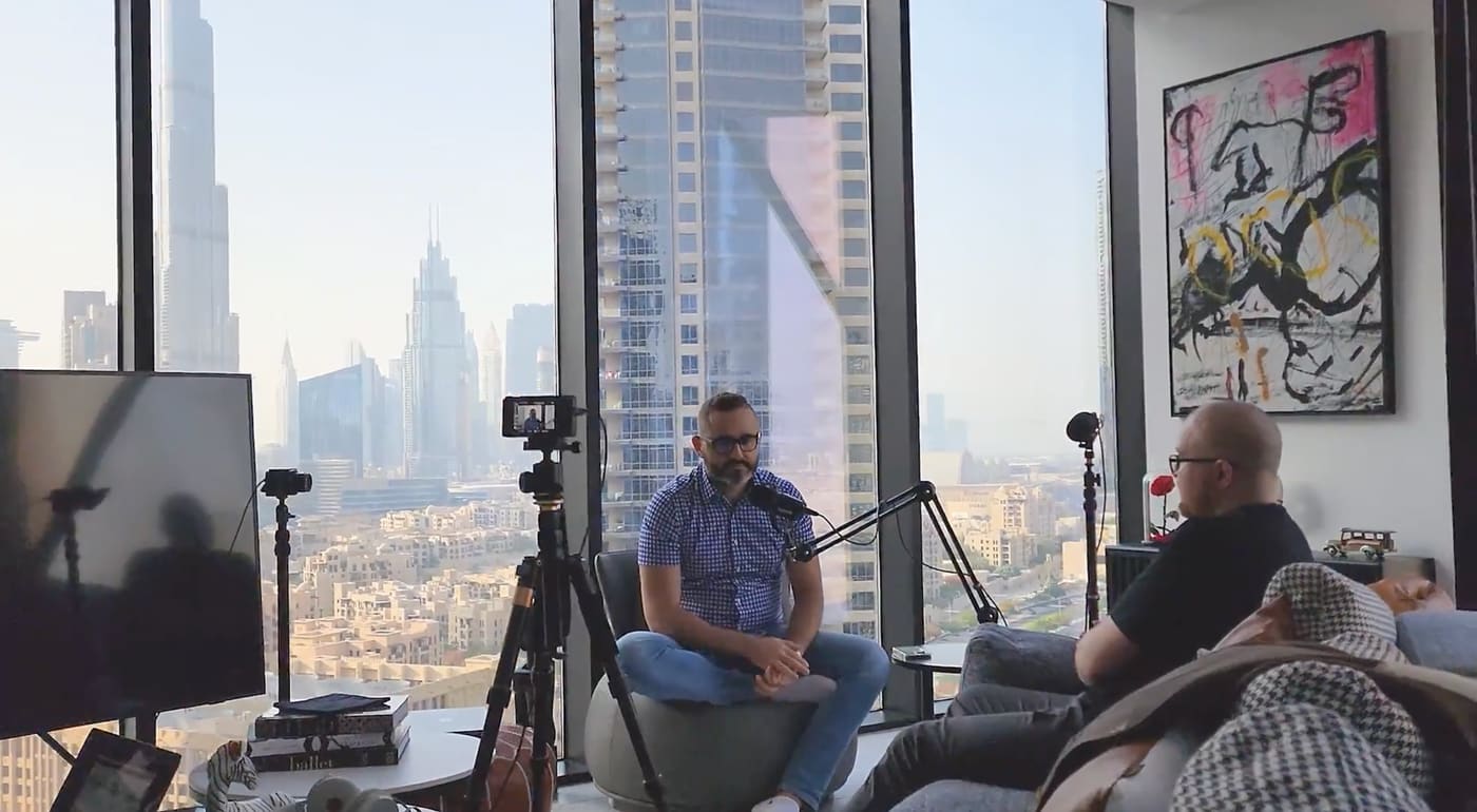 Tom on the BuddyBoss podcast being interviewed by Graham in Dubai